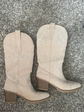 Amazon Light Beige Suede Western Heeled Boots